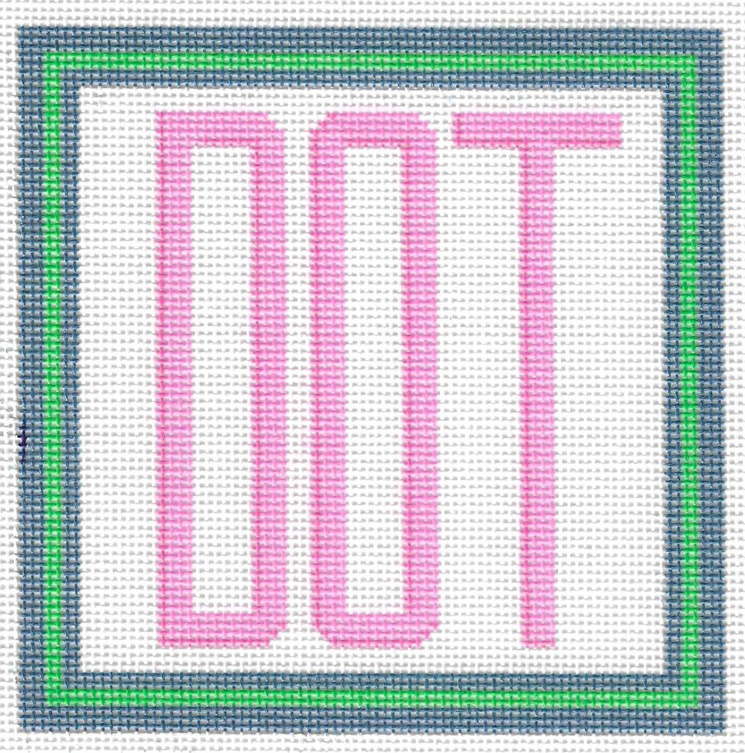 KCN Designers needlepoint canvas of text 'DOT' with pink letters and green and dark blue border.