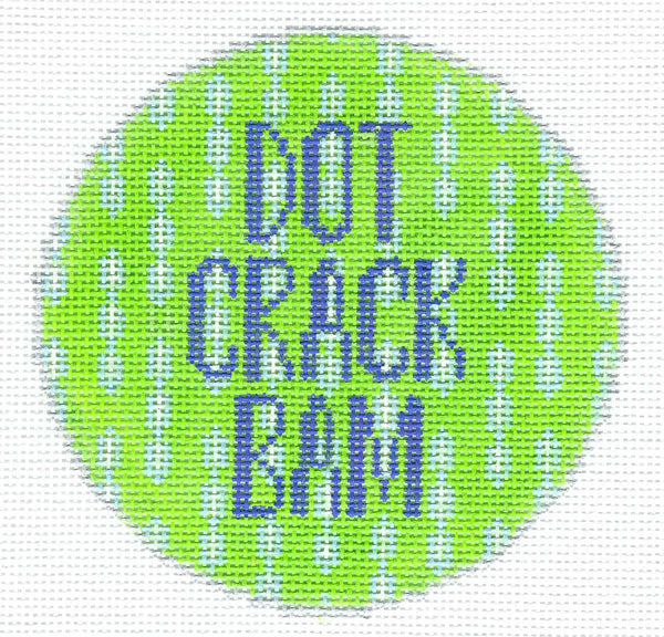 Melissa Loves Needlepoint circular needlepoint canvas with a bright lime green background, white dotted vertical patterns, and blue text reading 'DOT CRACK BAM'.