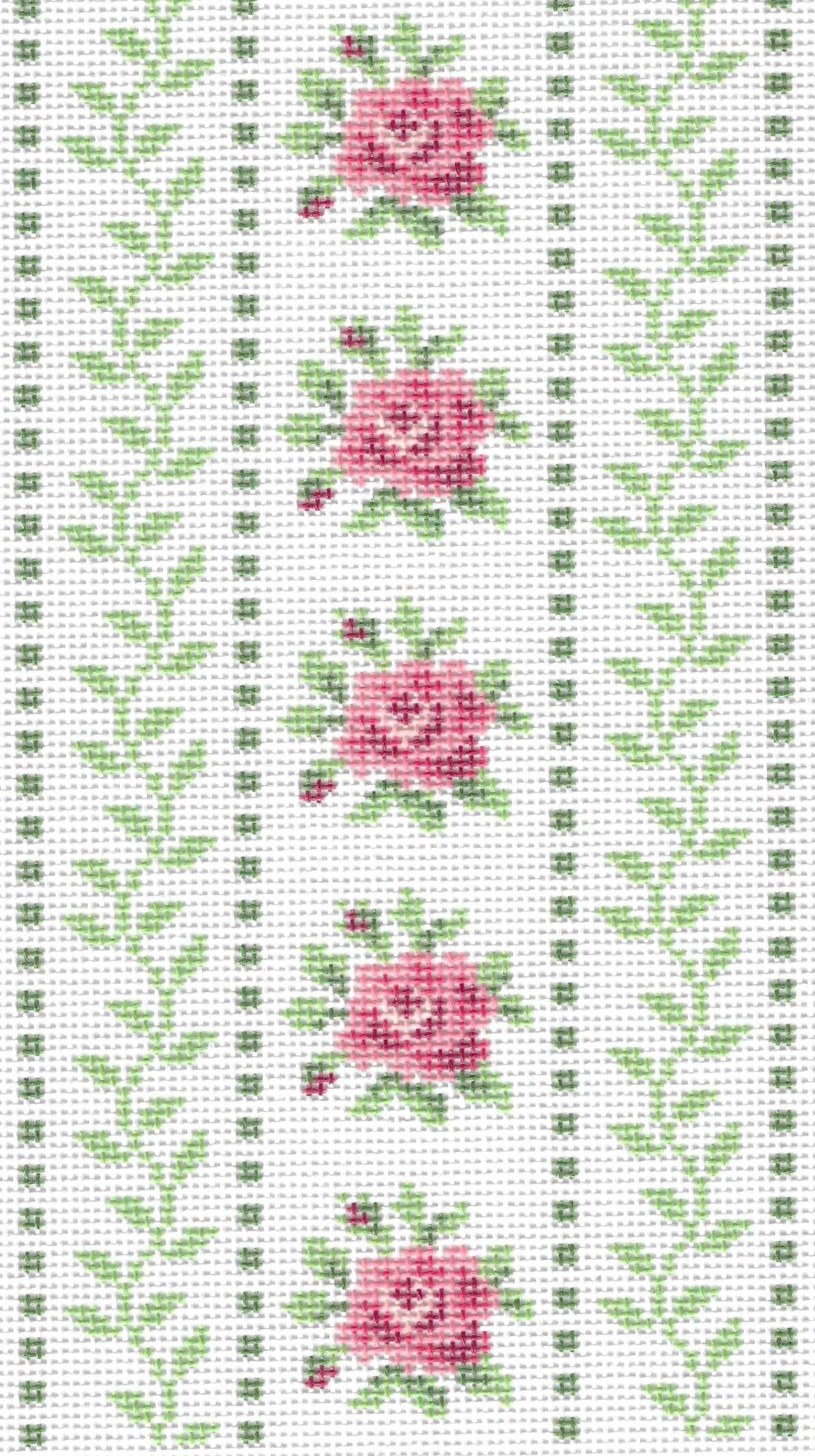 Maura Nolan eyeglass needlepoint canvas of pattern with pink roses and green leaves on a white background