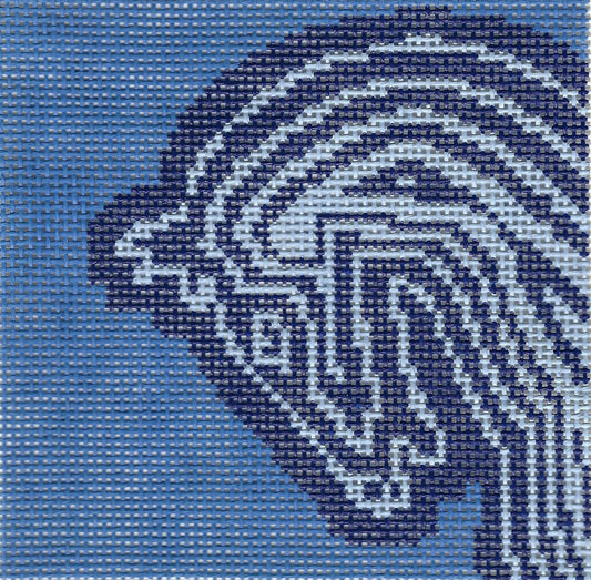 Maura Nolan needlepoint canvas of a decorative horse head in dark blue and light blue lines on a blue background.