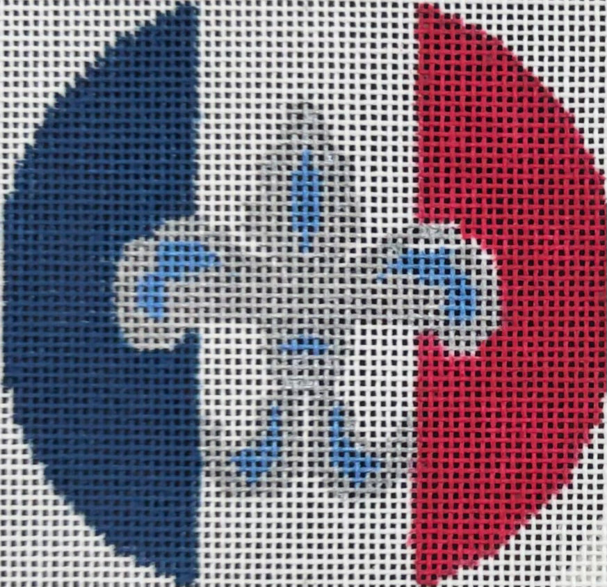Tina Griffin Designs needlepoint canvas of Fleur-de-Lis on French flag.