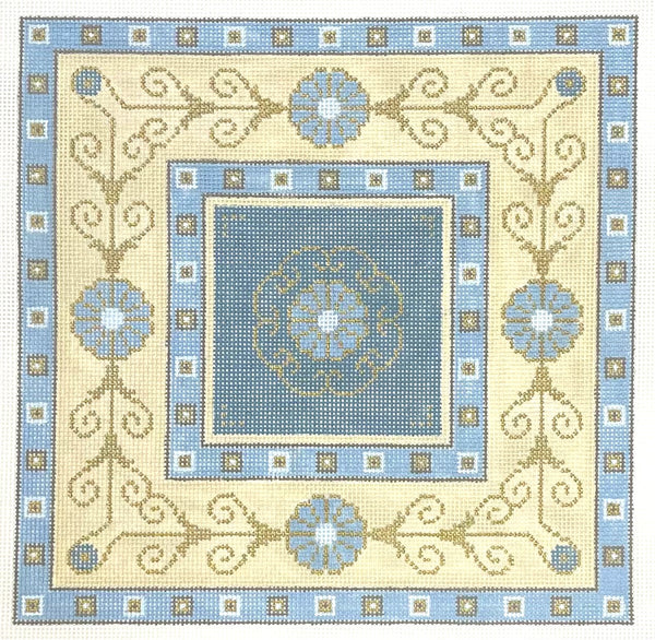 JP Needlepoint needlepoint canvas of filigree pattern in light blue and light yellow colors.