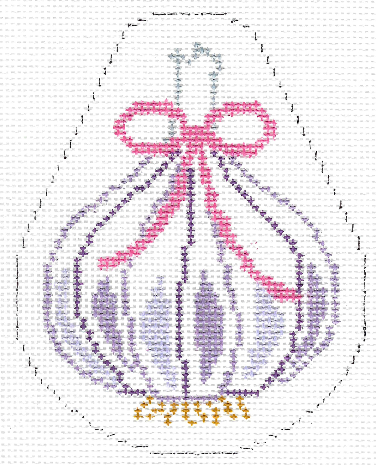 Stitch Rock needlepoint canvas featuring a garlic bulb with lavender and purple shadowing and a pink bow on top, outlined on a white background.