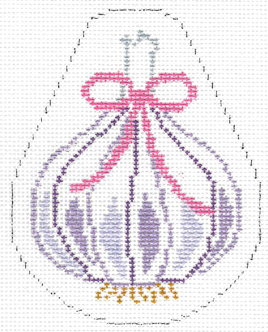 Stitch Rock needlepoint canvas featuring a garlic bulb with lavender and purple shadowing and a pink bow on top, outlined on a white background.