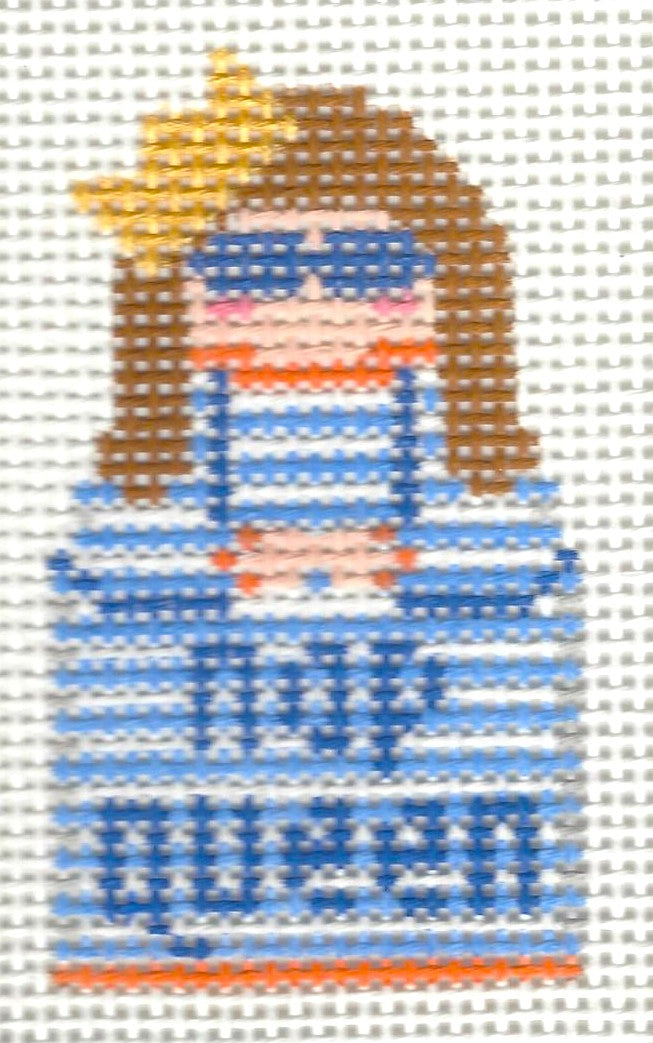 KCN Designers needlepoint canvas of a Georgette's Angel wearing a crown in blue and white striped dress with text 'nap queen'.