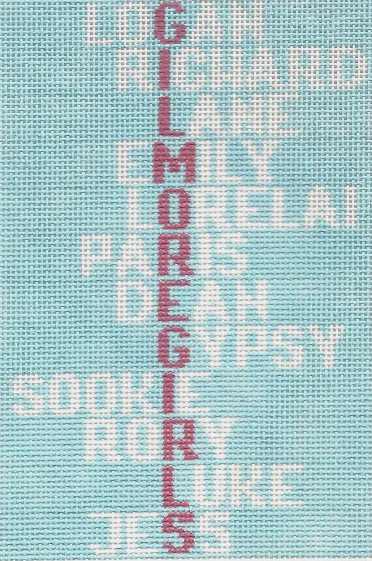 Bexar Needleworks needlepoint canvas of Gilmore Girls character names on a light blue background.