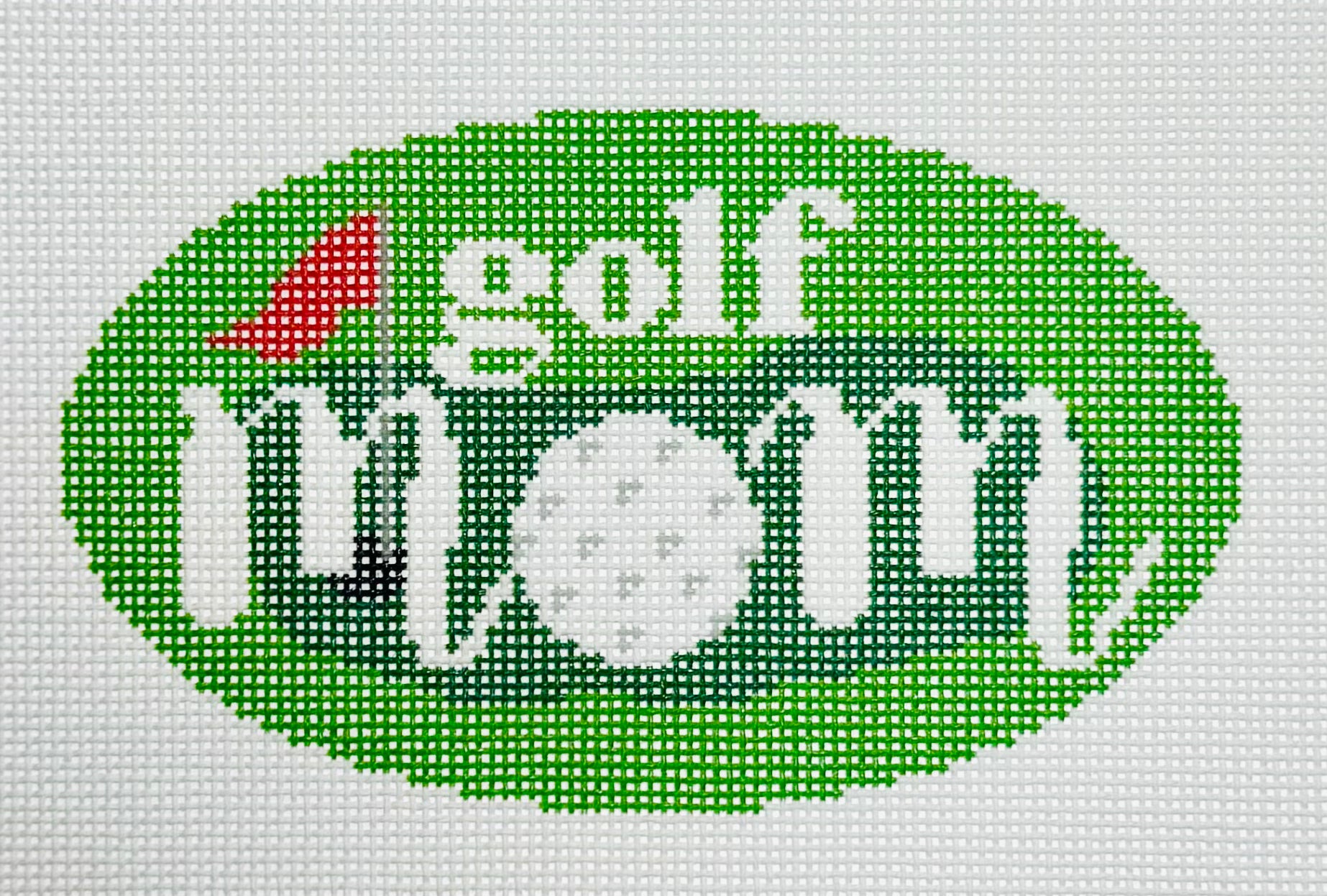 KCN Designers needlepoint canvas of 'Golf Mom' with a golfball for the 'O' in 'mom' on a green background.