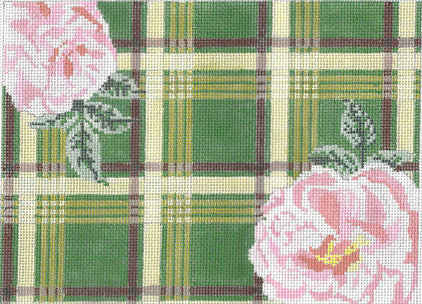 Blueberry Point Canvas needlepoint canvas of green plaid pattern with pink roses.