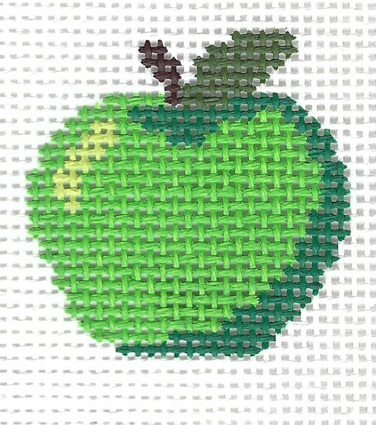 M F Needlepoint bag charm canvas of a green apple with a dark green stem and a small yellow highlight on a white background.