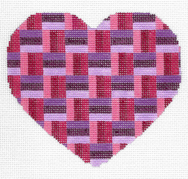 Starke Art needlepoint canvas of a heart with pattern in pink, purple, and red.