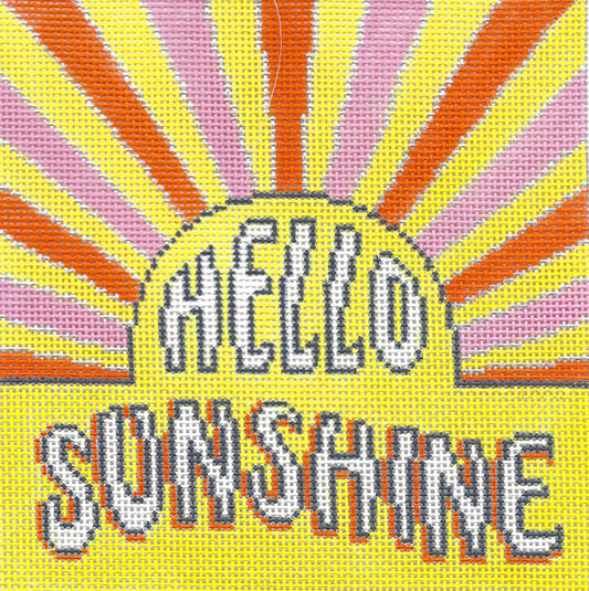 Alice Peterson Co square needlepoint canvas featuring the words 'HELLO SUNSHINE' in white outlined letters with orange and gray shading, set against a bright yellow background with pink and orange sunburst rays.