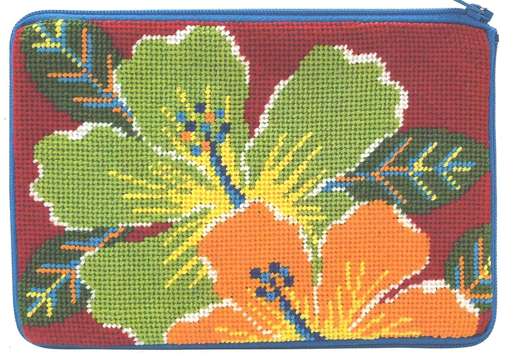 Stitch & Zip cosmetic purse needlepoint canvas of a green and an orange hibiscus on a red background.