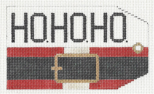The Meredith Collection luggage tag needlepoint canvas featuring the text 'HO HO HO' in black, with a red and black horizontal belt motif and a gold buckle detail below.