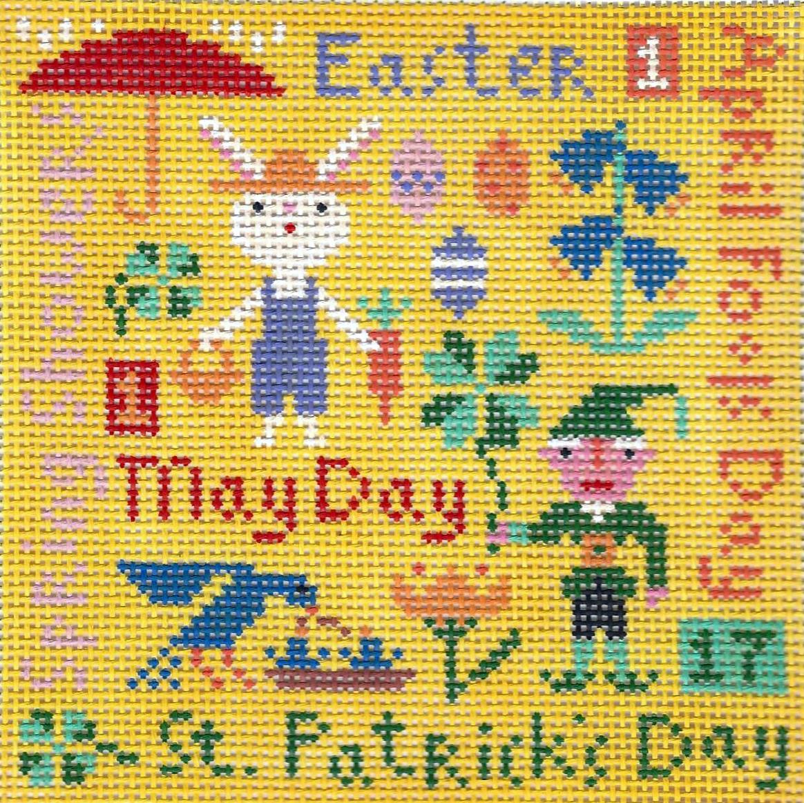 Birds of a Feather needlepoint canvas with spring holidays Easter, St. Patrick's Day, and May Day symbols on a yellow background.
