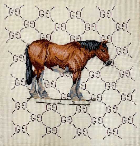Jessica Tongel Designs needlepoint canvas featuring a brown horse with a dark mane and gray hooves, set against a cream background with a repeating dark monogram pattern.
