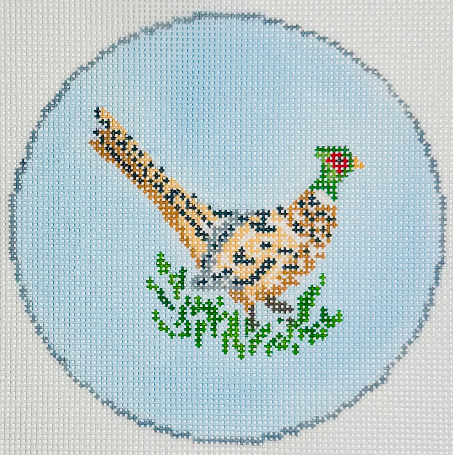 KCN Designers round needlepoint canvas of a pheasant on with a light blue background
