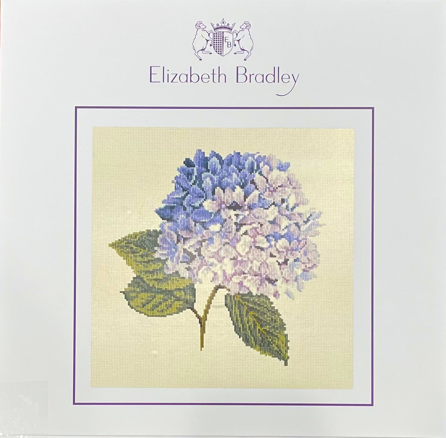 Elizabeth Bradley Blooms Collection tapestry kit of a hydrangea with a sand-colored background.