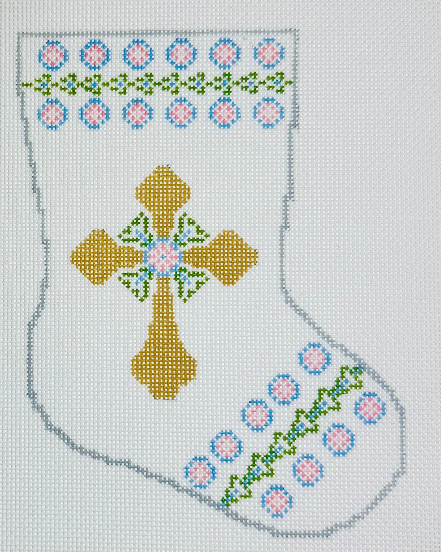KCN Designers needlepoint canvas of Bauble Stocking with an Immanuel Cross and patterns on a white background