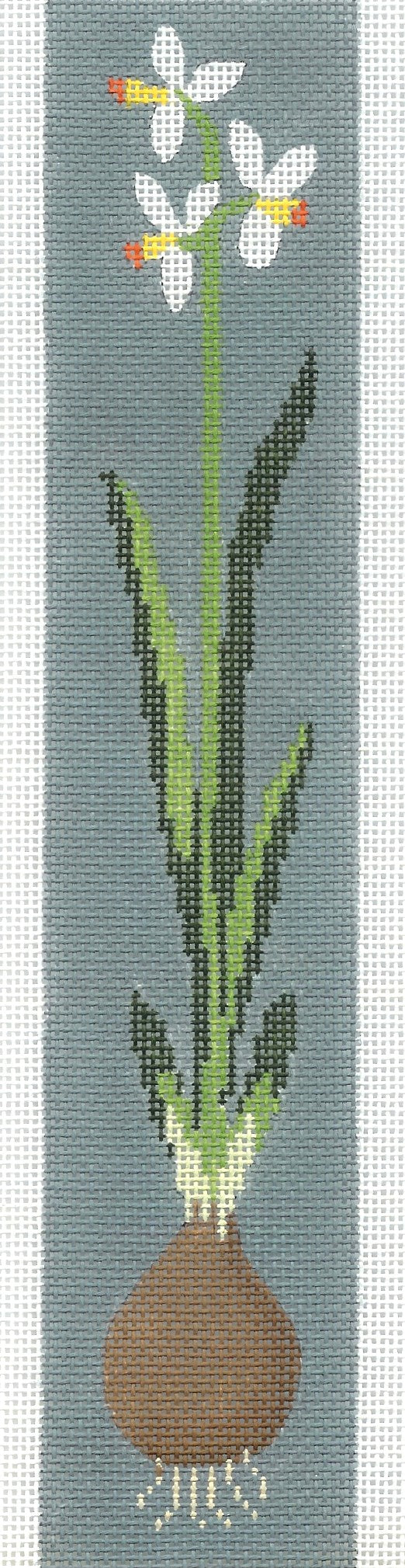 j. childs bookmark needlepoint canvas of an onion bulb with flowers on a gray background
