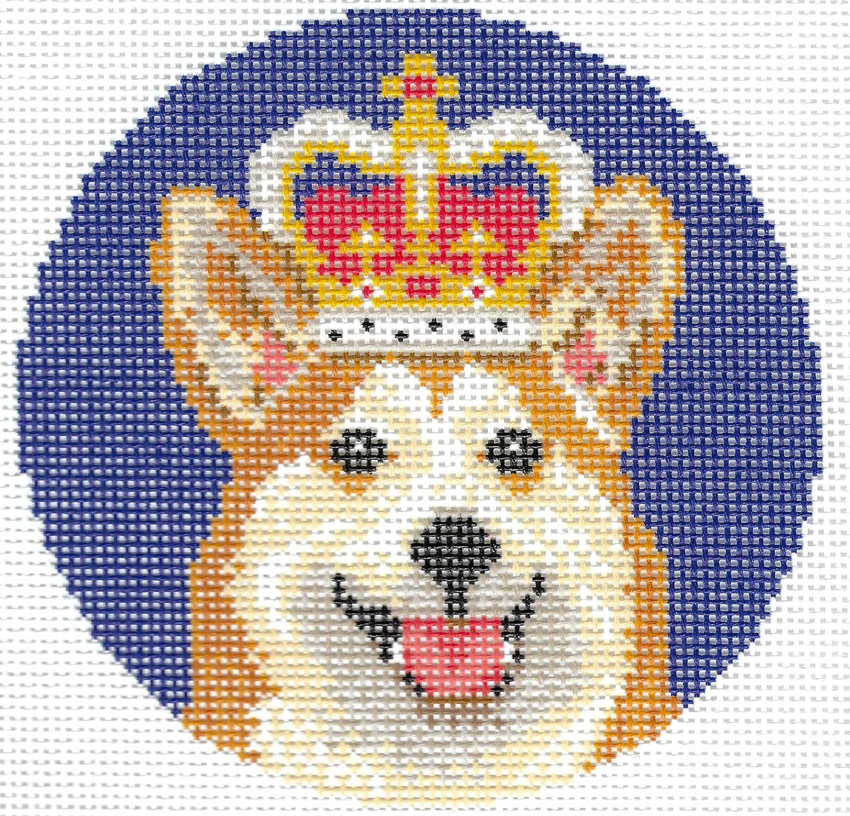 Needlepaint circular needlepoint canvas design featuring a Corgi dog wearing a gold and red crown, set against a dark blue background.