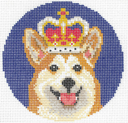 Needlepaint circular needlepoint canvas design featuring a Corgi dog wearing a gold and red crown, set against a dark blue background.