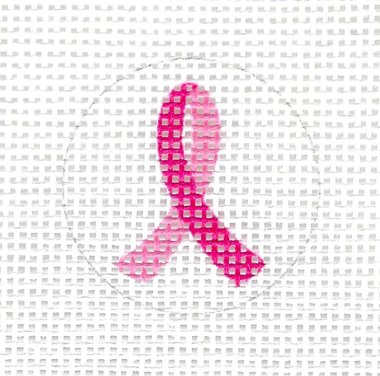 Tilli Tomas Planet Earth round needlepoint canvas of a pink awareness ribbon on a white background.