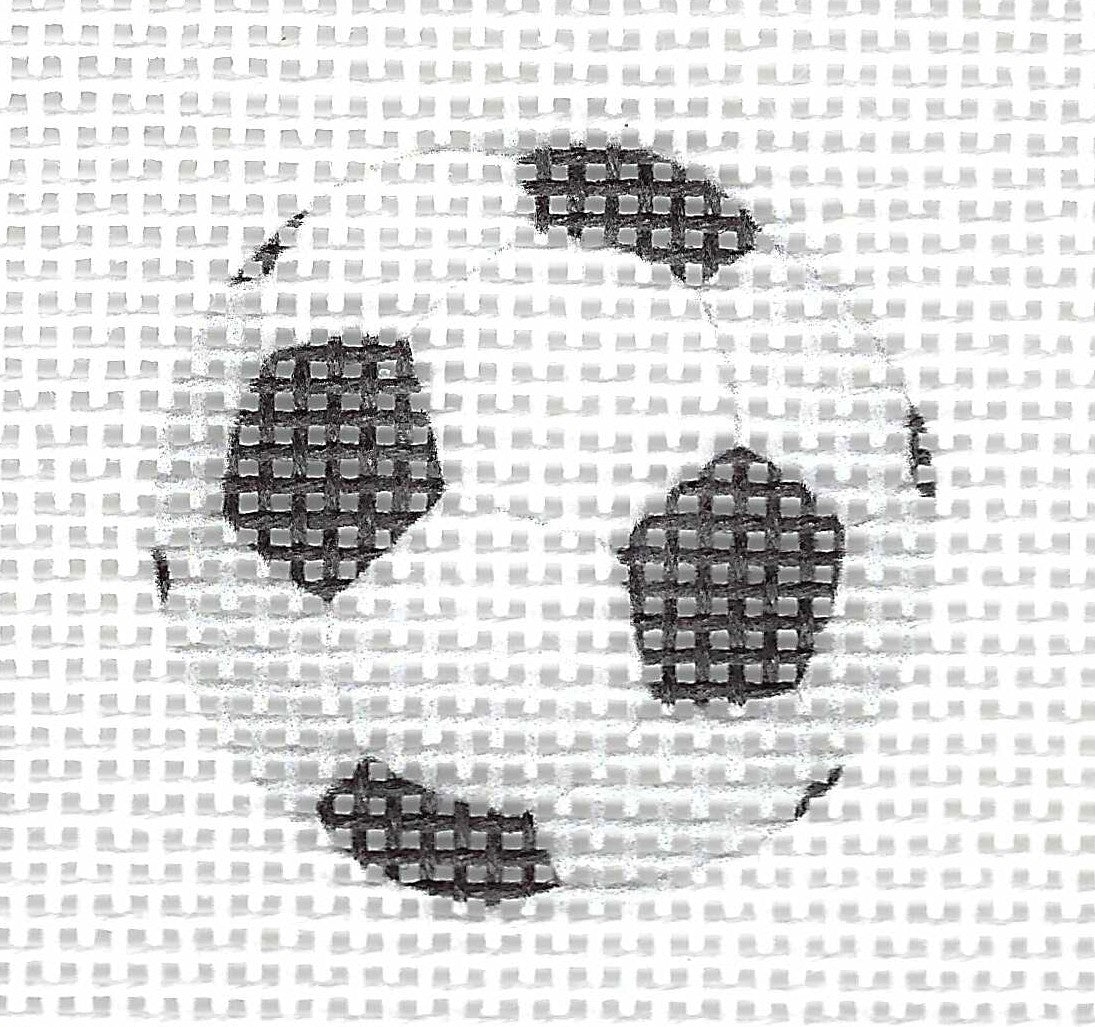 Tilli Tomas Planet Earth needlepoint canvas of a black and white soccer ball design on a white background.