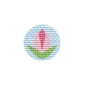 Tilli Tomas Planet Earth needlepoint canvas of key fob insert of pink tulip on a blue background