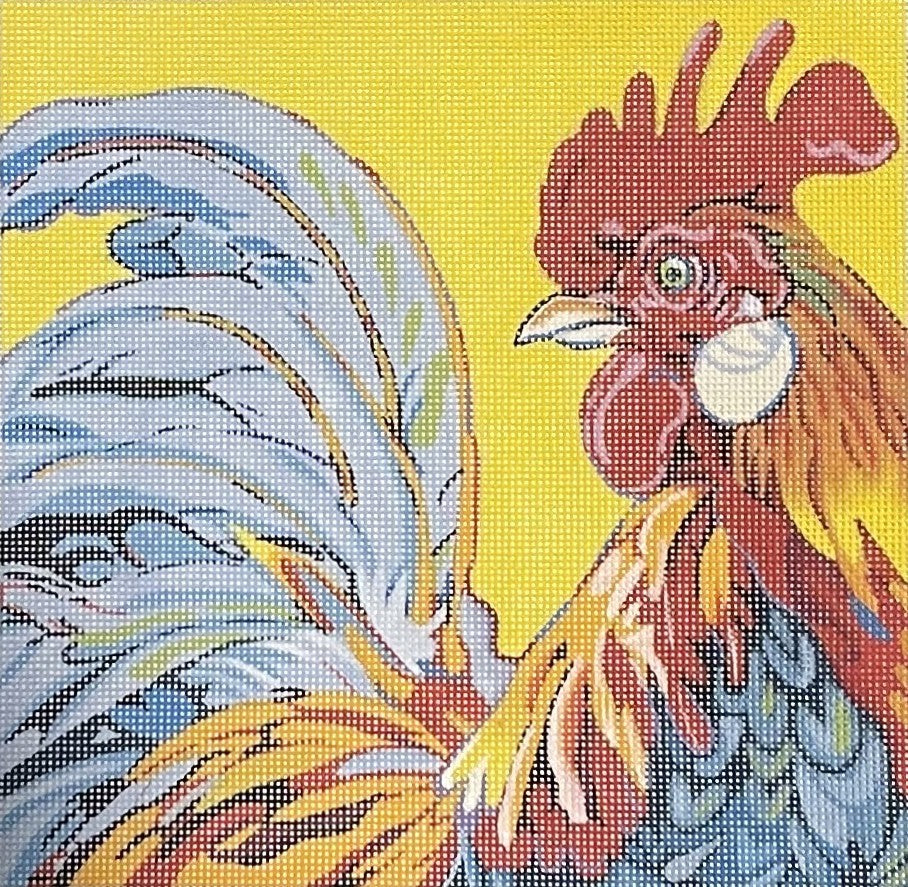 Blue Waters Needlepoint Sara Evans canvas of colorful rooster painting on a yellow background.