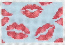 Tilli Tomas Planet Earth needlepoint canvas of red lips on a light blue background.