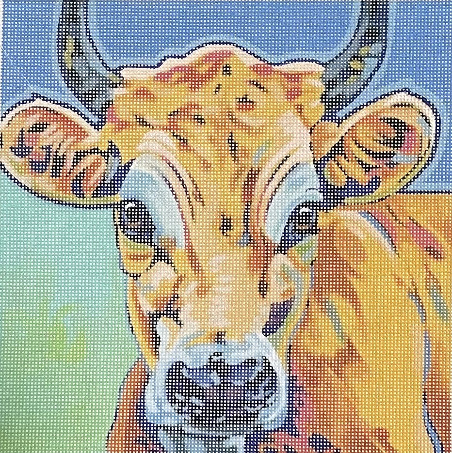 Blue Waters Needlepoint Sally Evans canvas of colorful close-up of cow on green and blue background.
