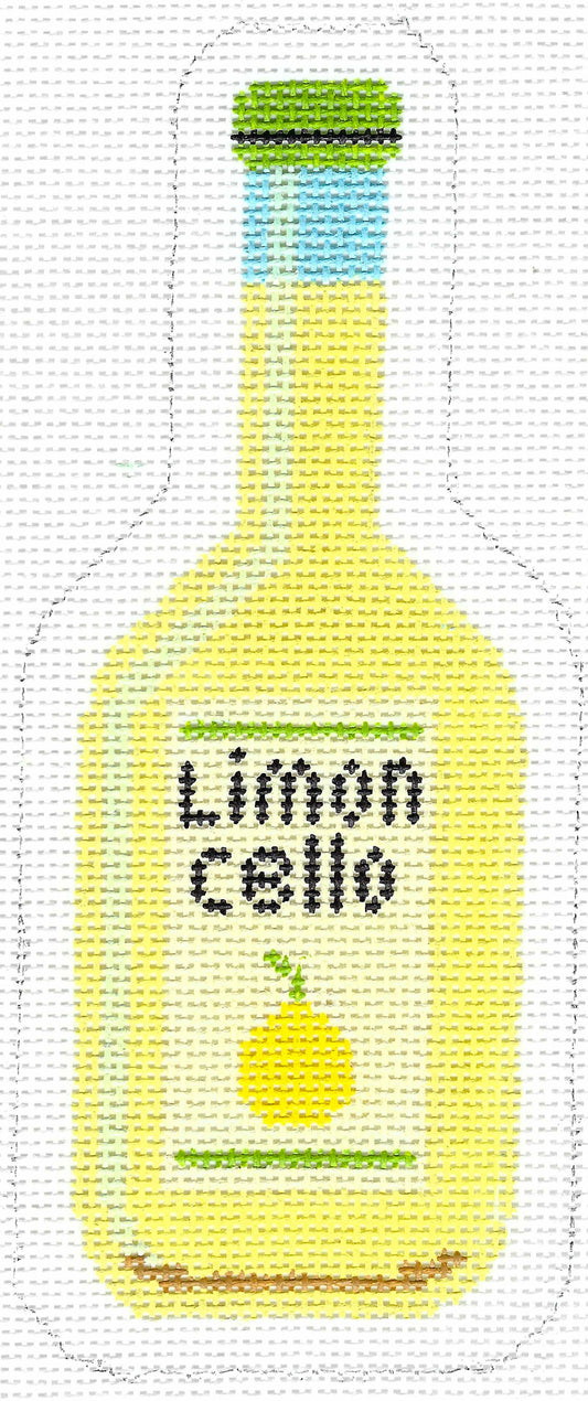 Stitch Rock needlepoint canvas of a limoncello bottle, featuring a yellow body, green cap, light blue neck, and a label with the text 'Limoncello' and a lemon illustration.