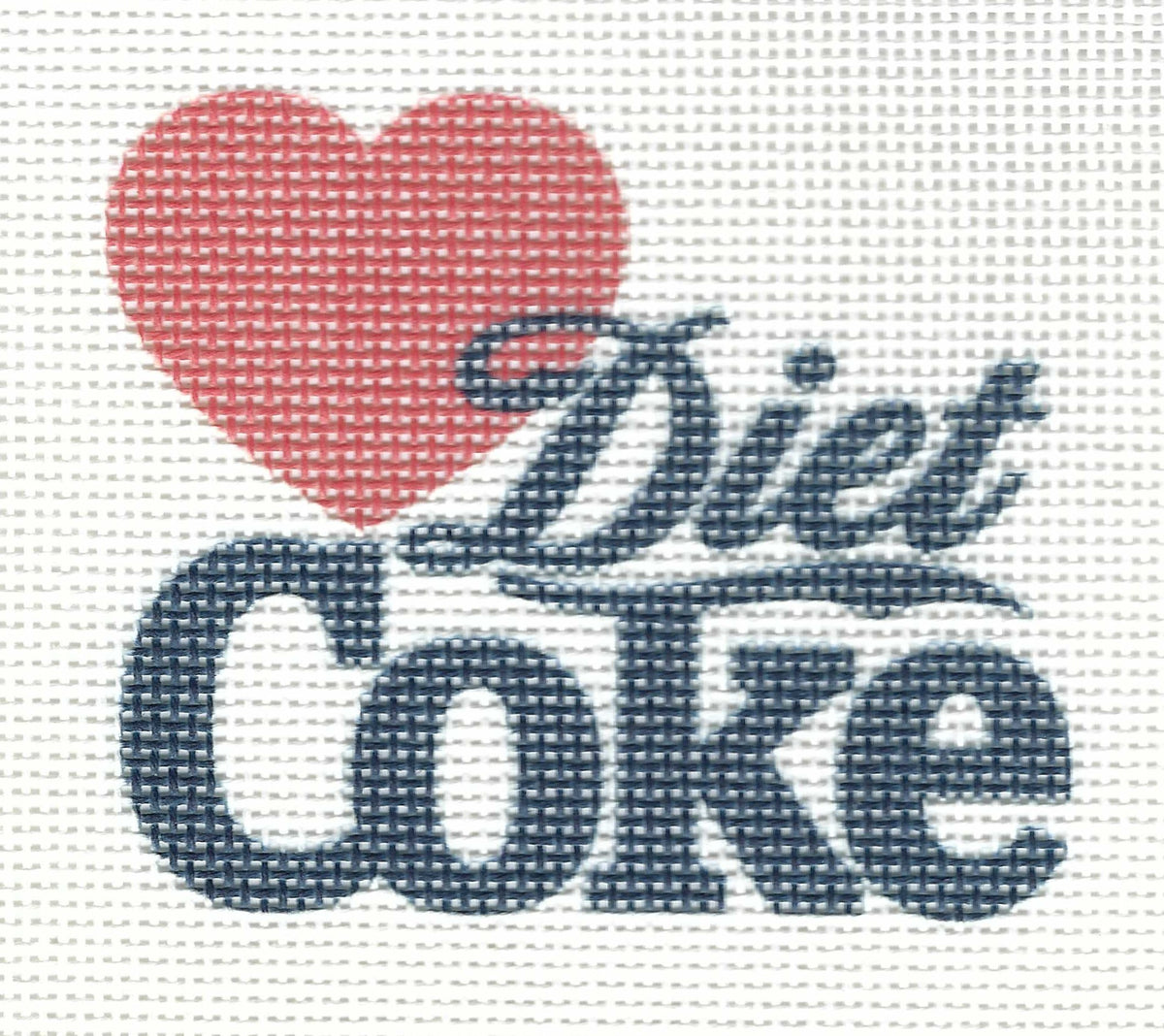 Mary Kathryn Design needlepoint canvas of text 'Diet Coke' with a red heart on a white background.