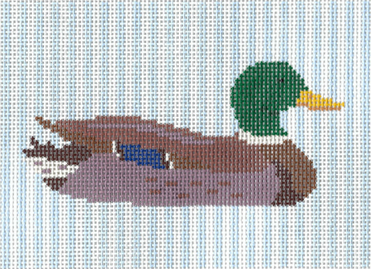 Maura Nolan needlepoint canvas of a mallard on a striped white and light blue background.