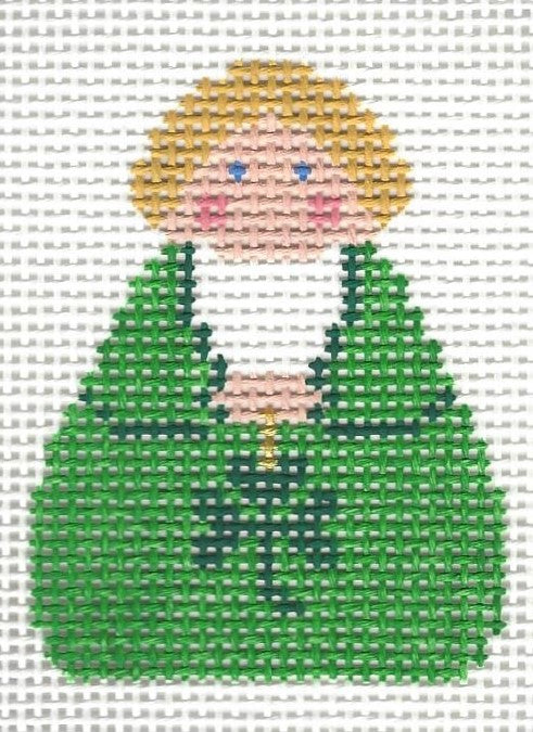 Stitch-Its Georgette's Angels needlepoint canvas of angel wearing a green dress on a white background