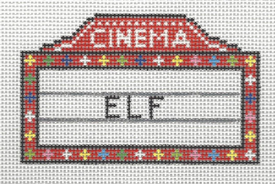 Needlepoint by Laura canvas of movie theater marquee with 'Elf' text on a white background.