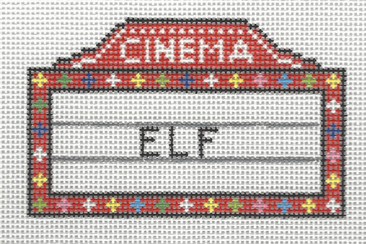 Needlepoint by Laura canvas of movie theater marquee with 'Elf' text on a white background.