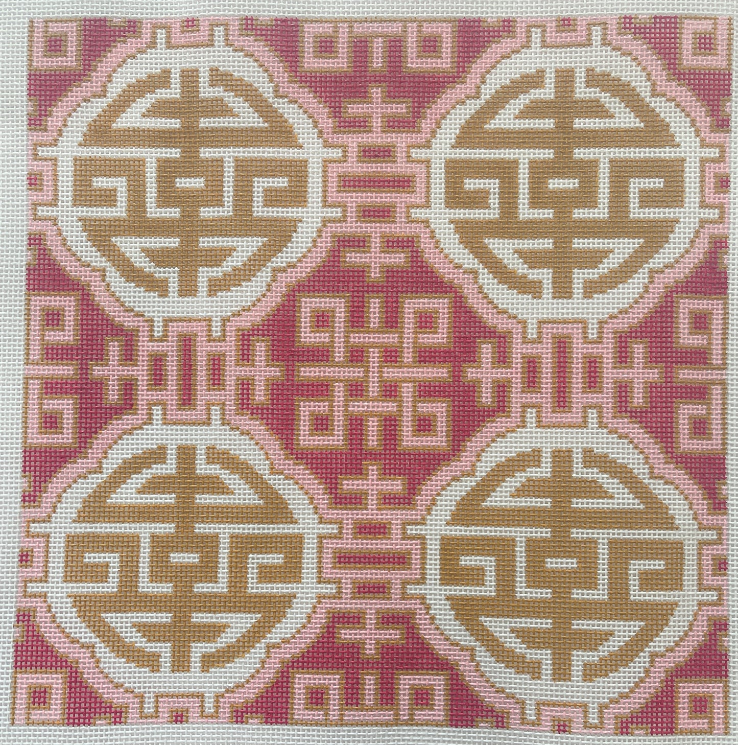 Lee's Needle Art needlepoint canvas of a traditional Chinese double happiness (Shou Ni) pattern with gold and pink motifs.