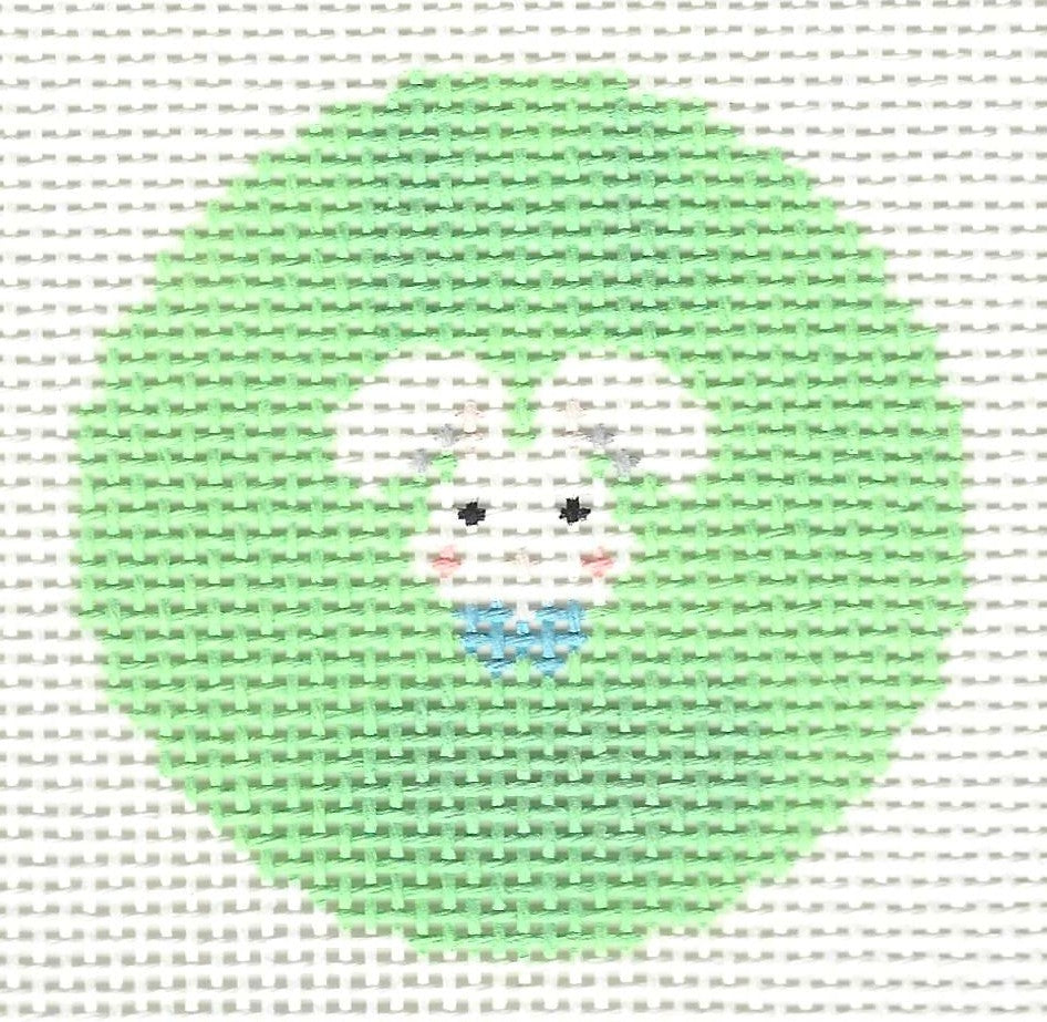 SLS Needlepoint round canvas of a white bunny with a blue bow tie on a light green background.