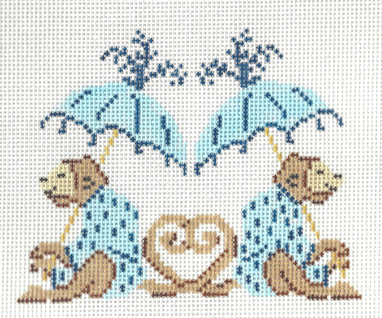 Stitch Style needlepoint canvas of two monkeys under an umbrella with rain on a white background