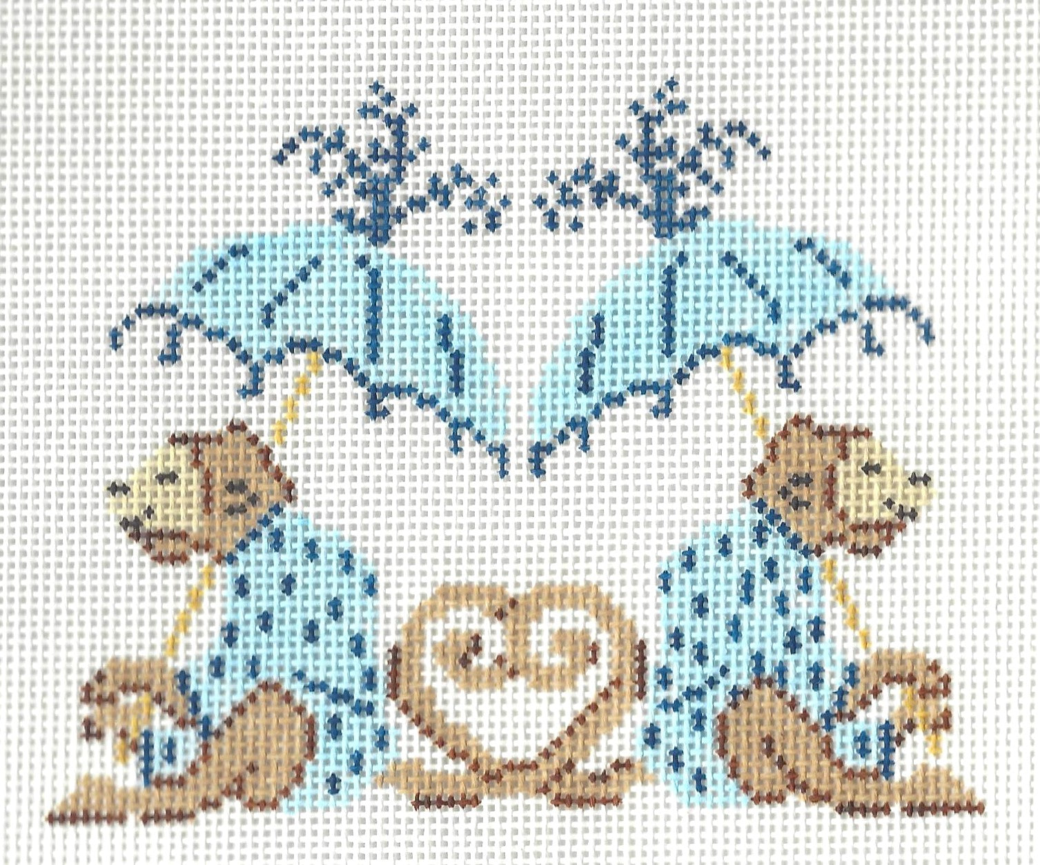 Stitch Style needlepoint canvas of two monkeys under an umbrella with rain on a white background
