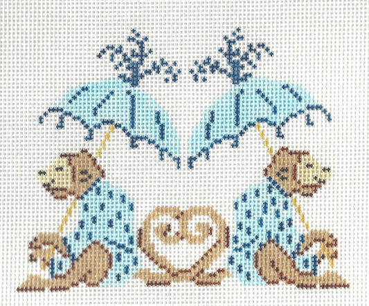 Stitch Style needlepoint canvas of two monkeys under an umbrella with rain on a white background