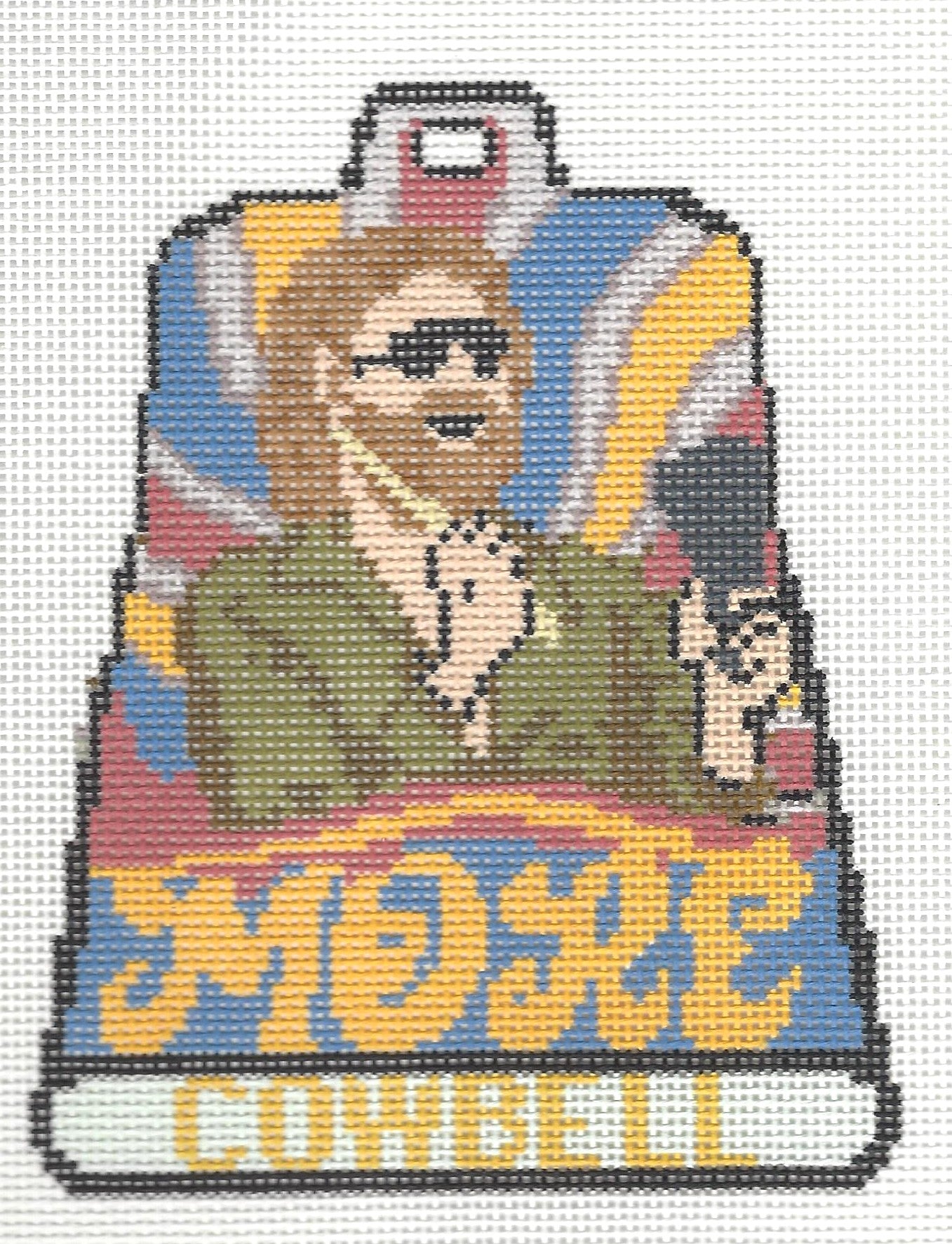 Bexar Needleworks needlepoint canvas of man singing with cowbell and text 'MORE COWBELL'.