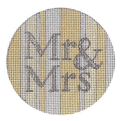 Raymond Crawford Designs circular needlepoint canvas featuring the words 'Mr & Mrs' on an alternating tan and gray vertical-striped background.