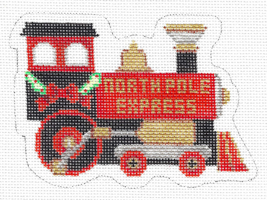 Burnett & Bradley needlepoint canvas of a train labeled 'NORTH POLE EXPRESS' in red, black, gold, and green on a white background.