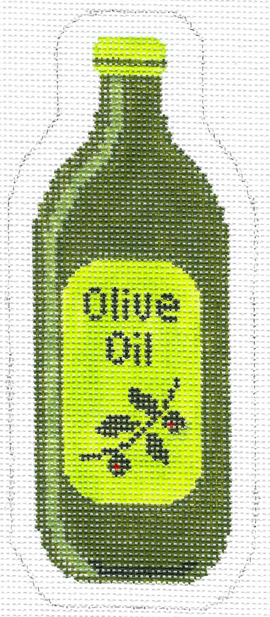 Stitch Rock needlepoint canvas design depicting a green bottle of olive oil with a bright yellow-green label and black text reading 'Olive Oil' on a white background.