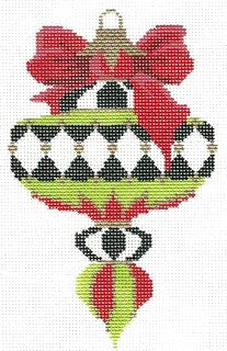 Lee's Needle Art needlepoint canvas design of a Christmas ornament, featuring a red bow, a black and white harlequin patterned body, and green and red accents on a white background.