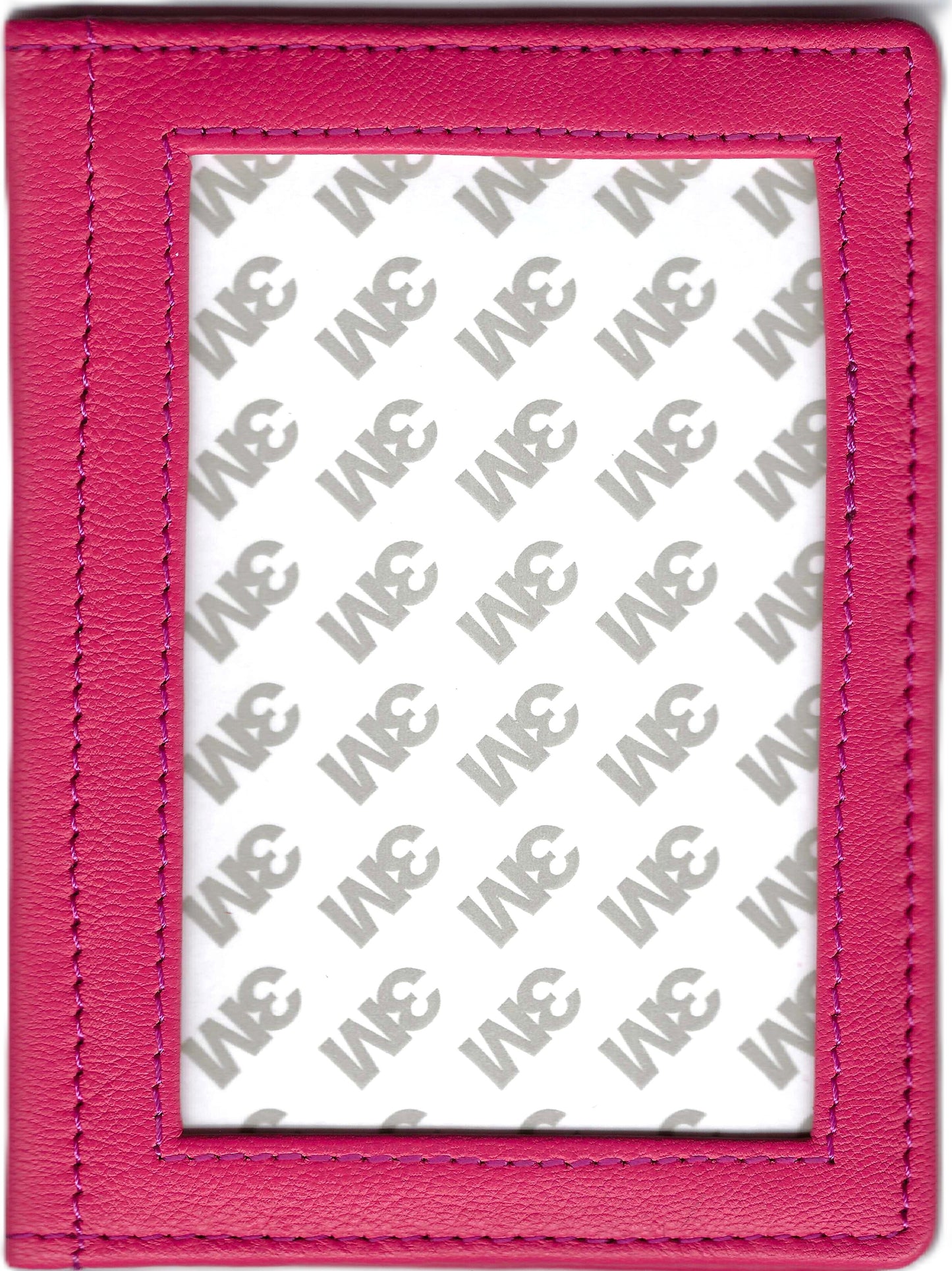 Tilli Tomas Planet Earth hot pink textured leather passport holder with a rectangular clear window showing a protective film.