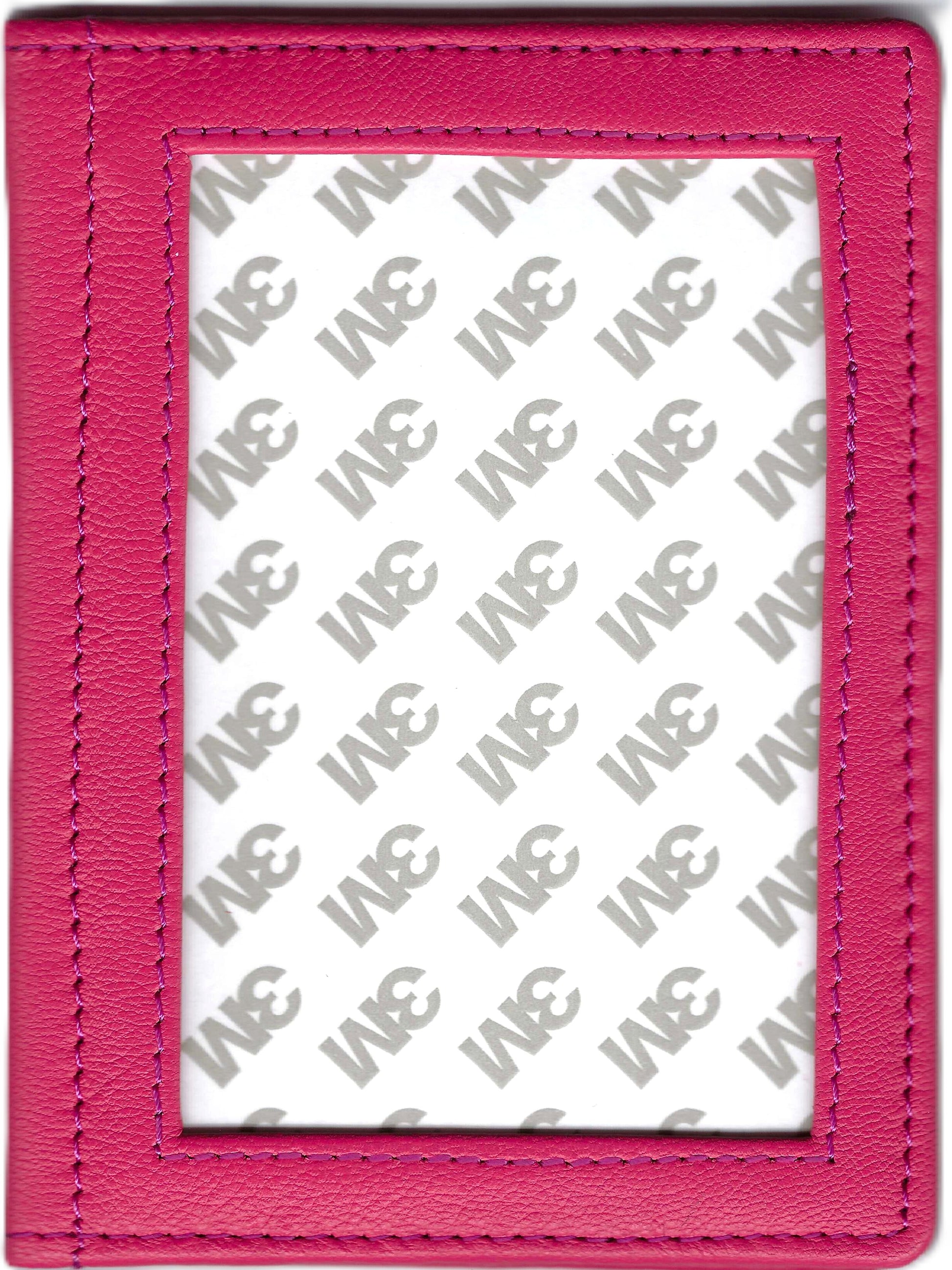 Tilli Tomas Planet Earth hot pink textured leather passport holder with a rectangular clear window showing a protective film.