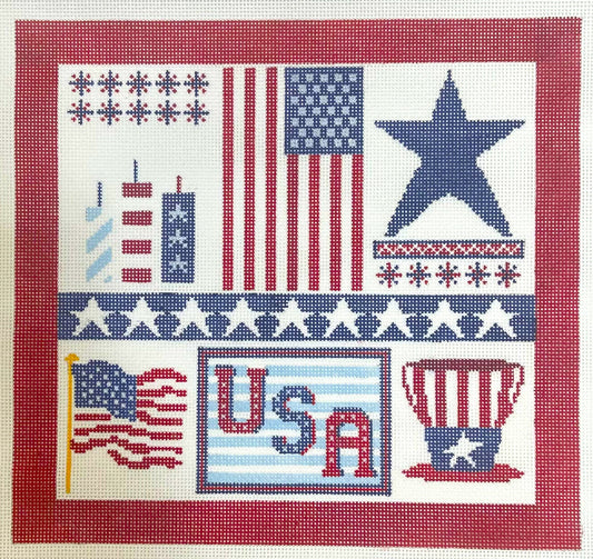 A Stitch In Time needlepoint canvas of collage with American flags, stars, and 'USA' text with a red border.